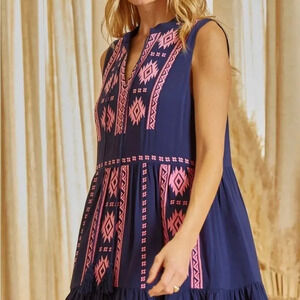 Savanna Jane Baby Doll Embroidered Hippie Bohemian Blue/Pink Girlie Dress